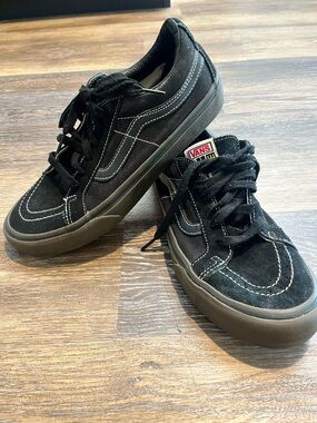 Vans Black Suede Low-Top Skate Sneakers with White Stitching